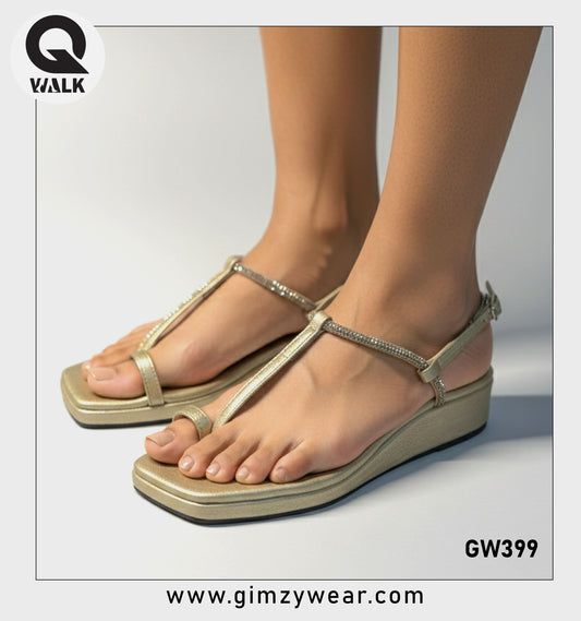 Dull Gold Color Wedges With Stone Stap | GW399