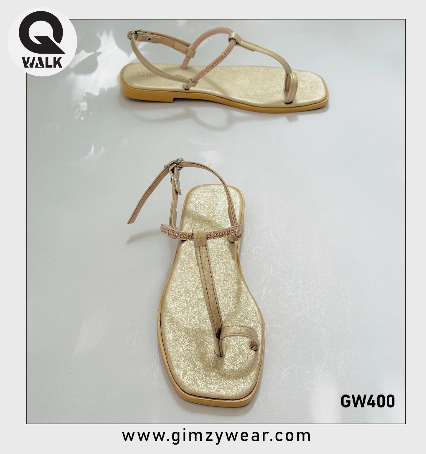 Dull Gold Color Flat Slipper with Stone Strap | GW400