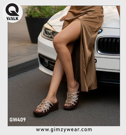 Brown Color Velvet 3inch Wedges with Shine Straps | GW409