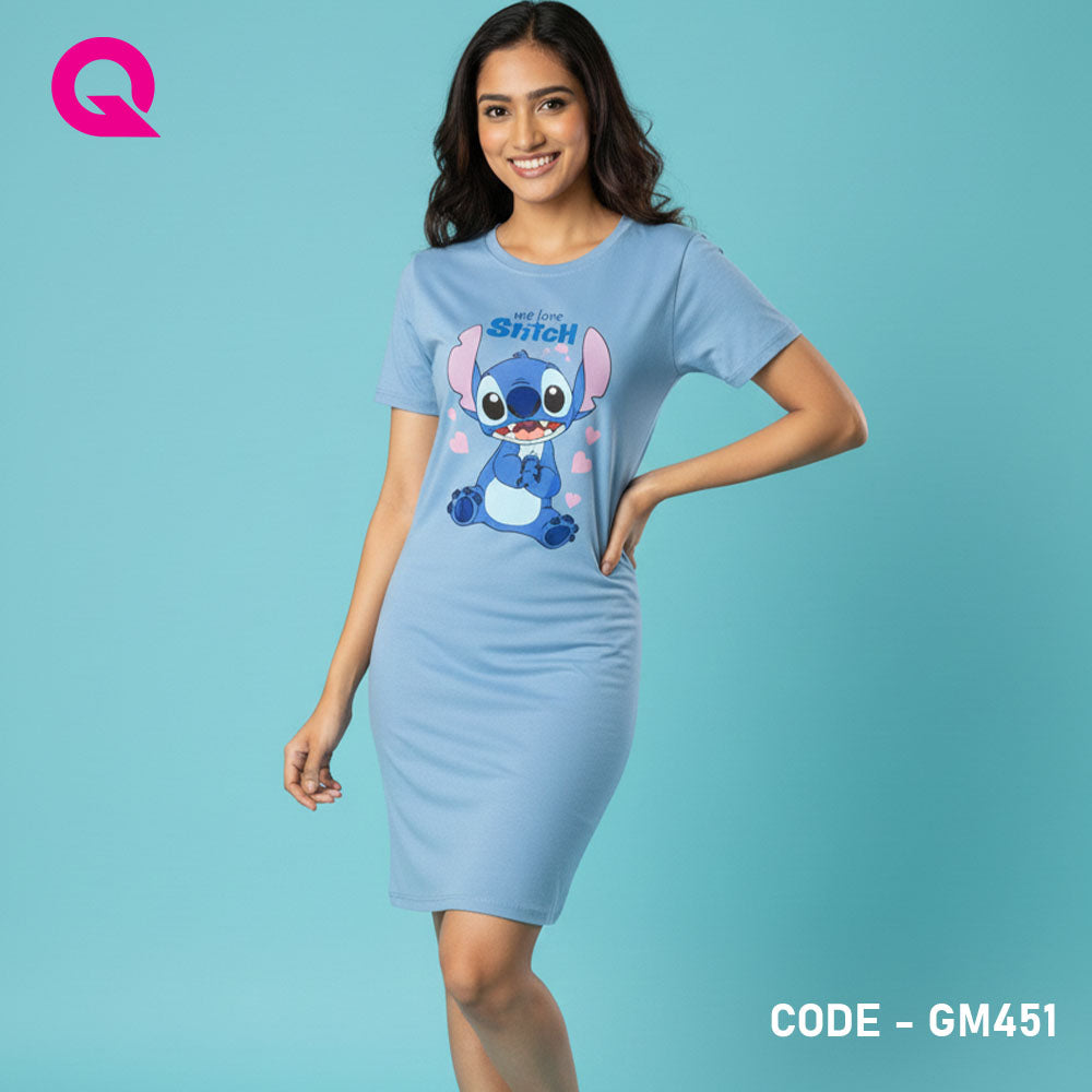 Powder Blue Color T Shirt Dress With Print | GM451