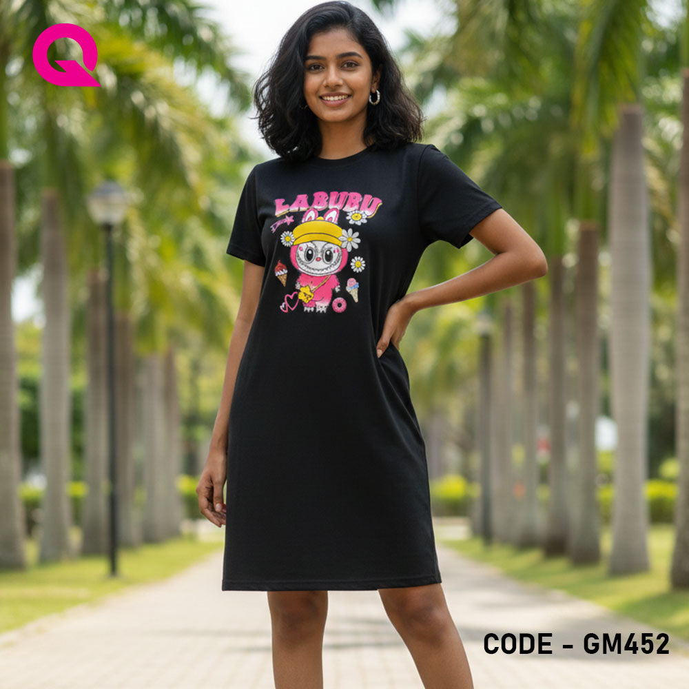 Black Color T Shirt Dress With Print | GM452
