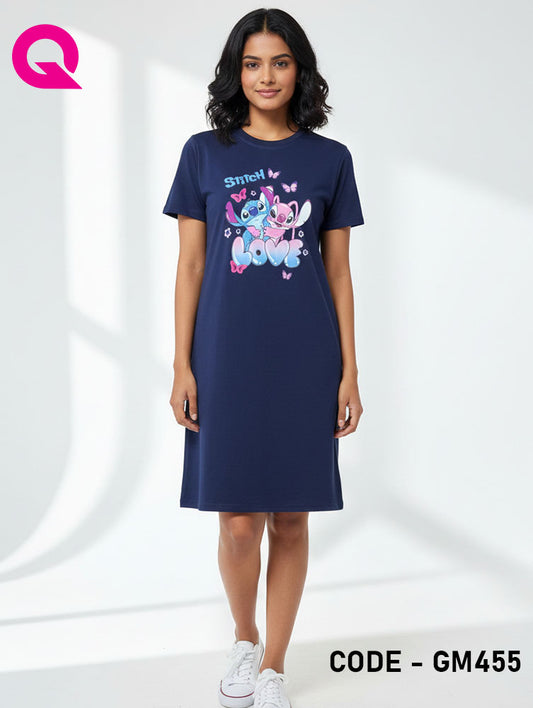 Navy Blue Color T Shirt Dress With Print | GM455