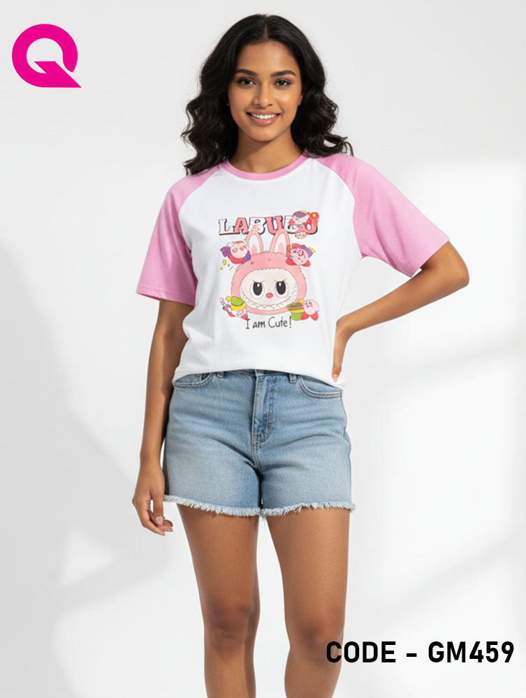 White Color & Baby Pink Sleeve T Shirt | GM459