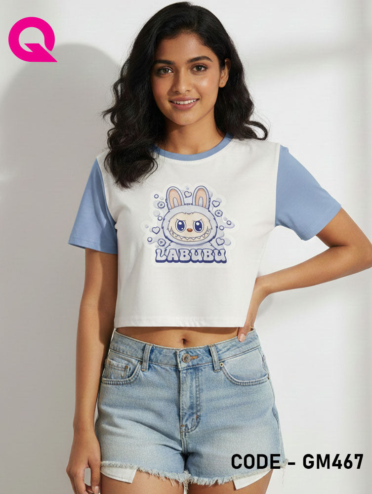 White Color & Powder Blue Sleeve Crop Top | GM467