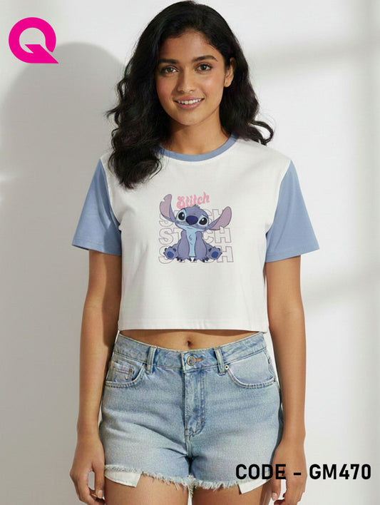 White Color & Powder Blue Sleeve Crop Top | GM470