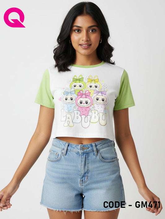 White Color & Apple Green Sleeve Crop Top | GM471