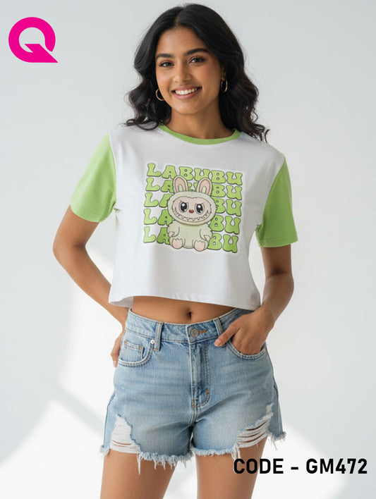 White Color & Apple Green Sleeve Crop Top | GM472