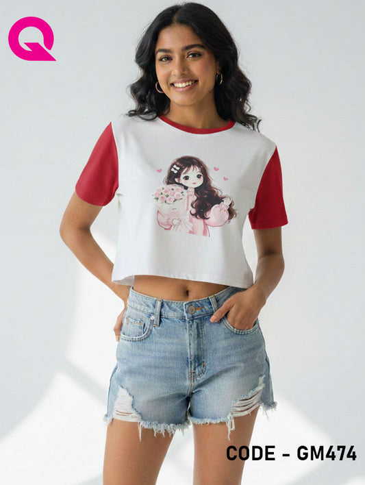 White Color & Red Sleeve Crop Top | GM474