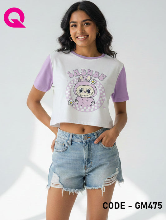 White Color & Light Puple Sleeve Crop Top | GM475