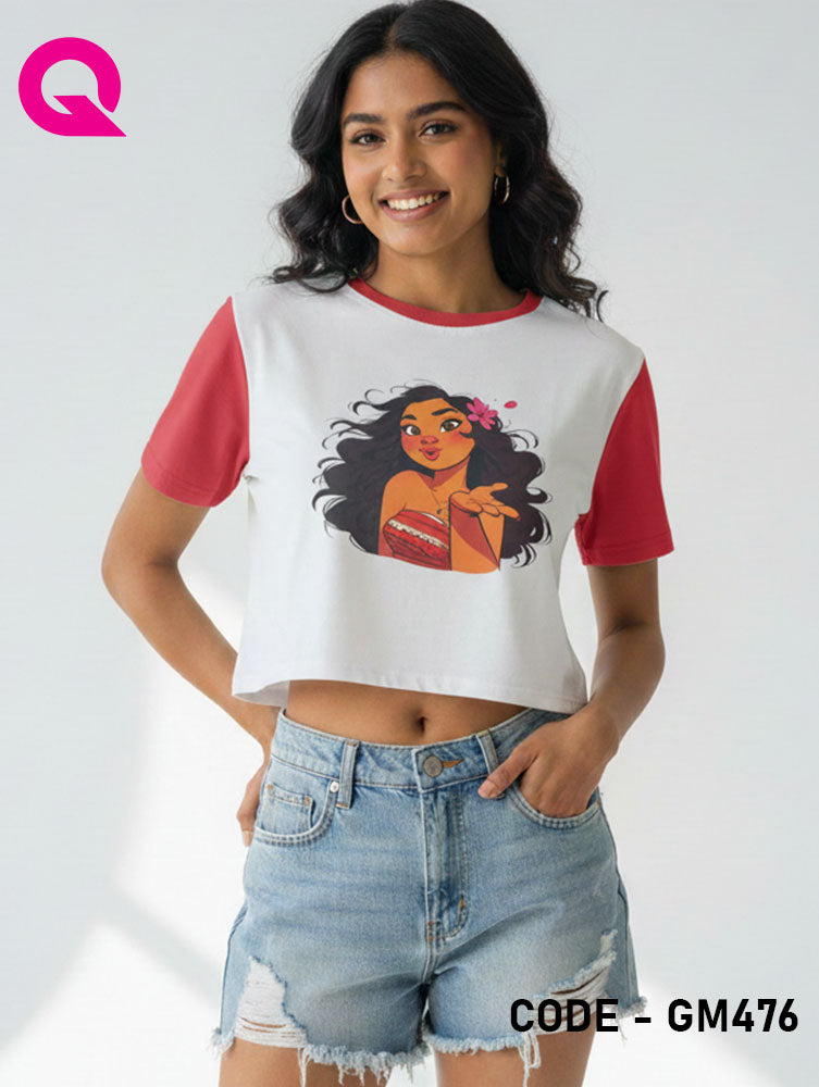 White Color & Red Sleeve Crop Top | GM476