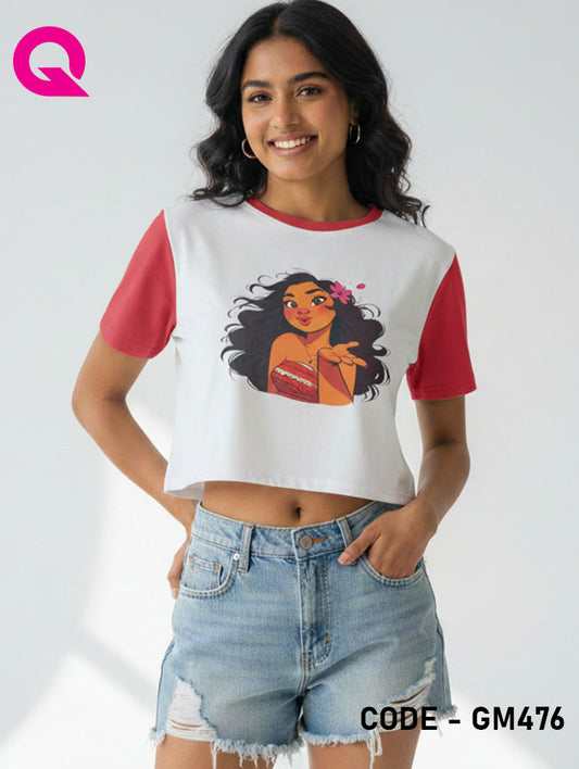 White Color & Red Sleeve Crop Top | GM476