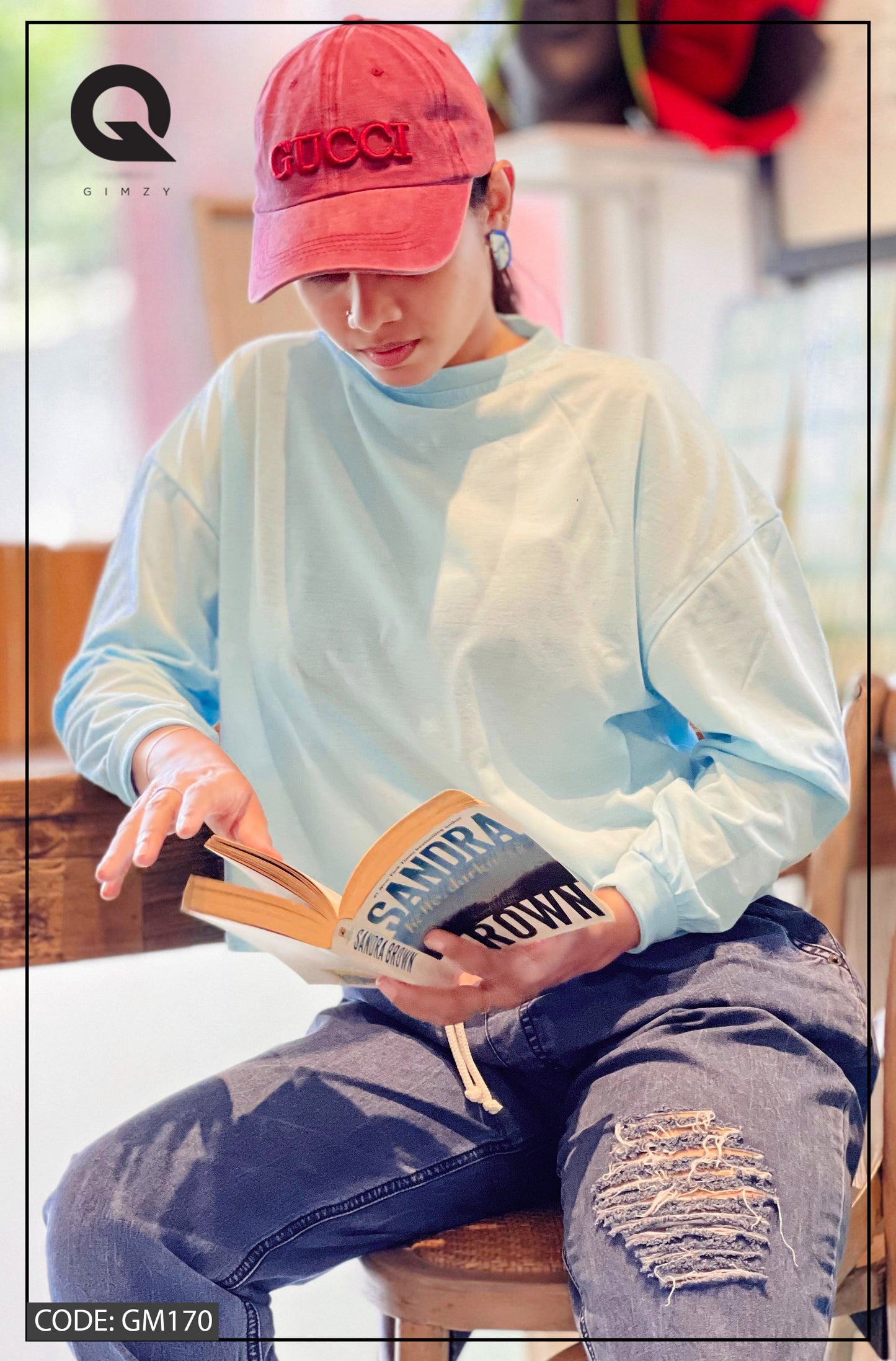 Drop Shoulder Oversized Long Sleeve Light Blue Color Short T Shirt | GM170