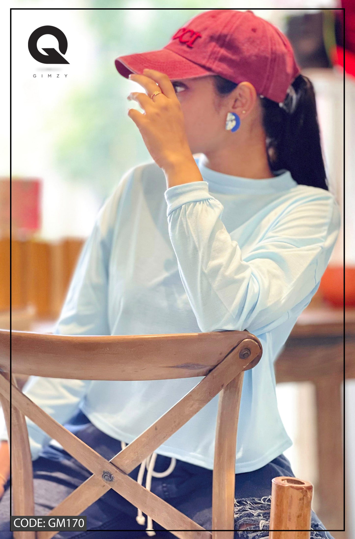 Drop Shoulder Oversized Long Sleeve Light Blue Color Short T Shirt | GM170