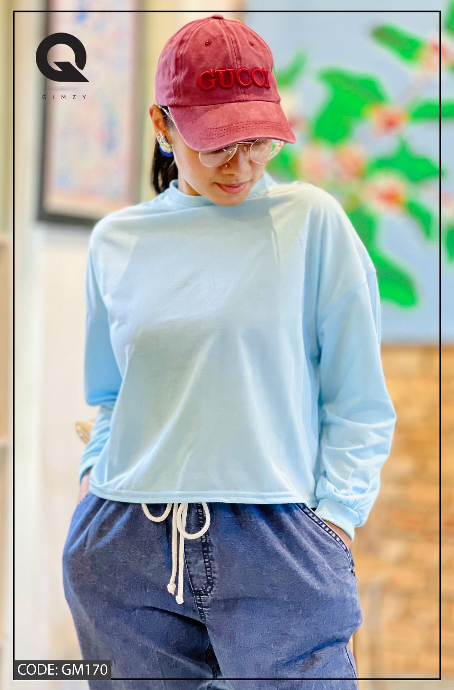 Drop Shoulder Oversized Long Sleeve Light Blue Color Short T Shirt | GM170
