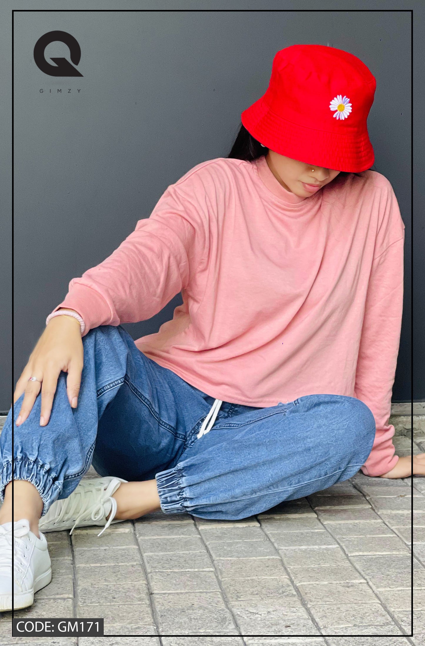 Drop Shoulder Oversized Long Sleeve Pink Color Short T Shirt | GM171