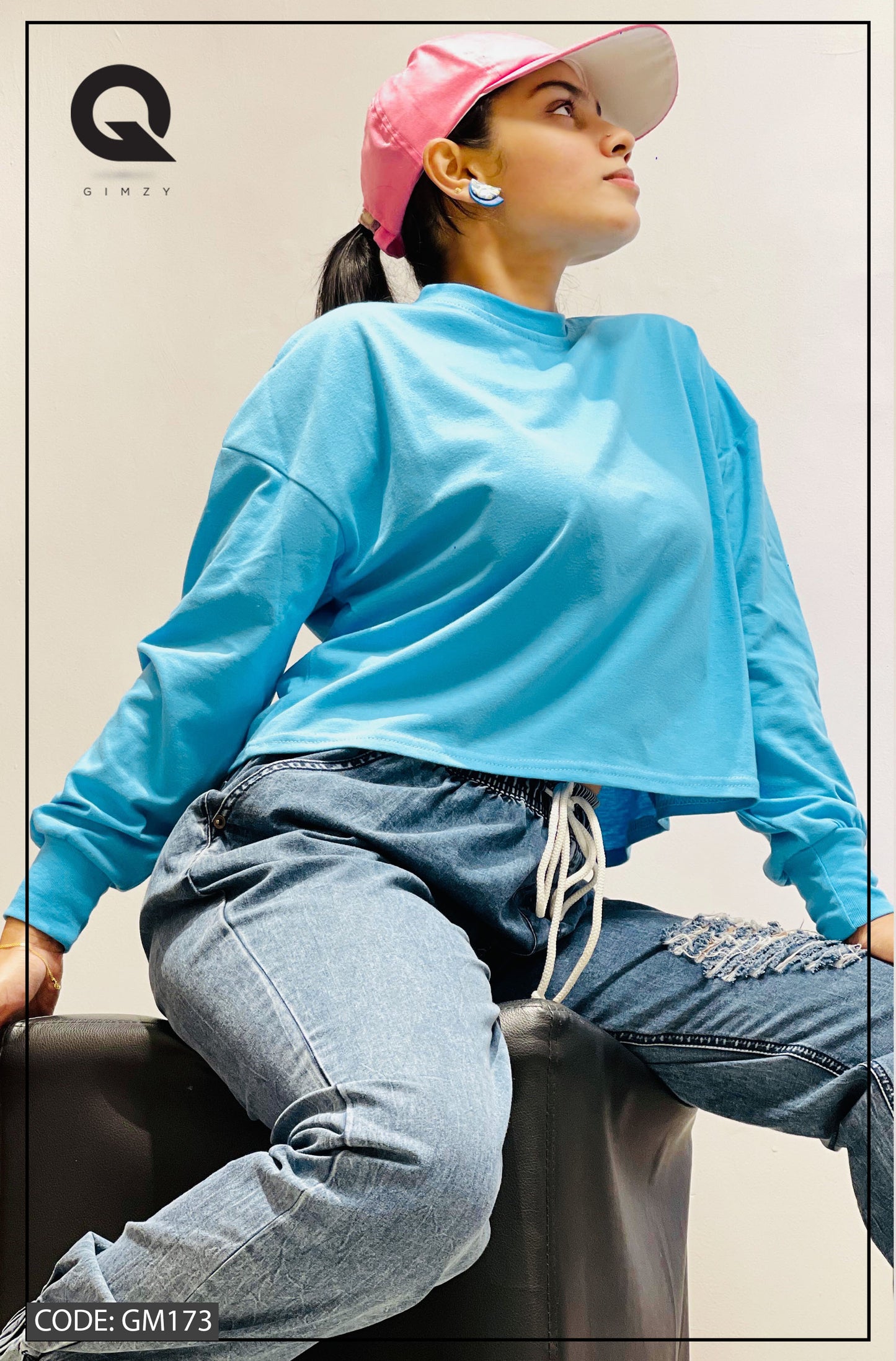 Drop Shoulder Oversized Long Sleeve Sky Blue Color Short T Shirt | GM173