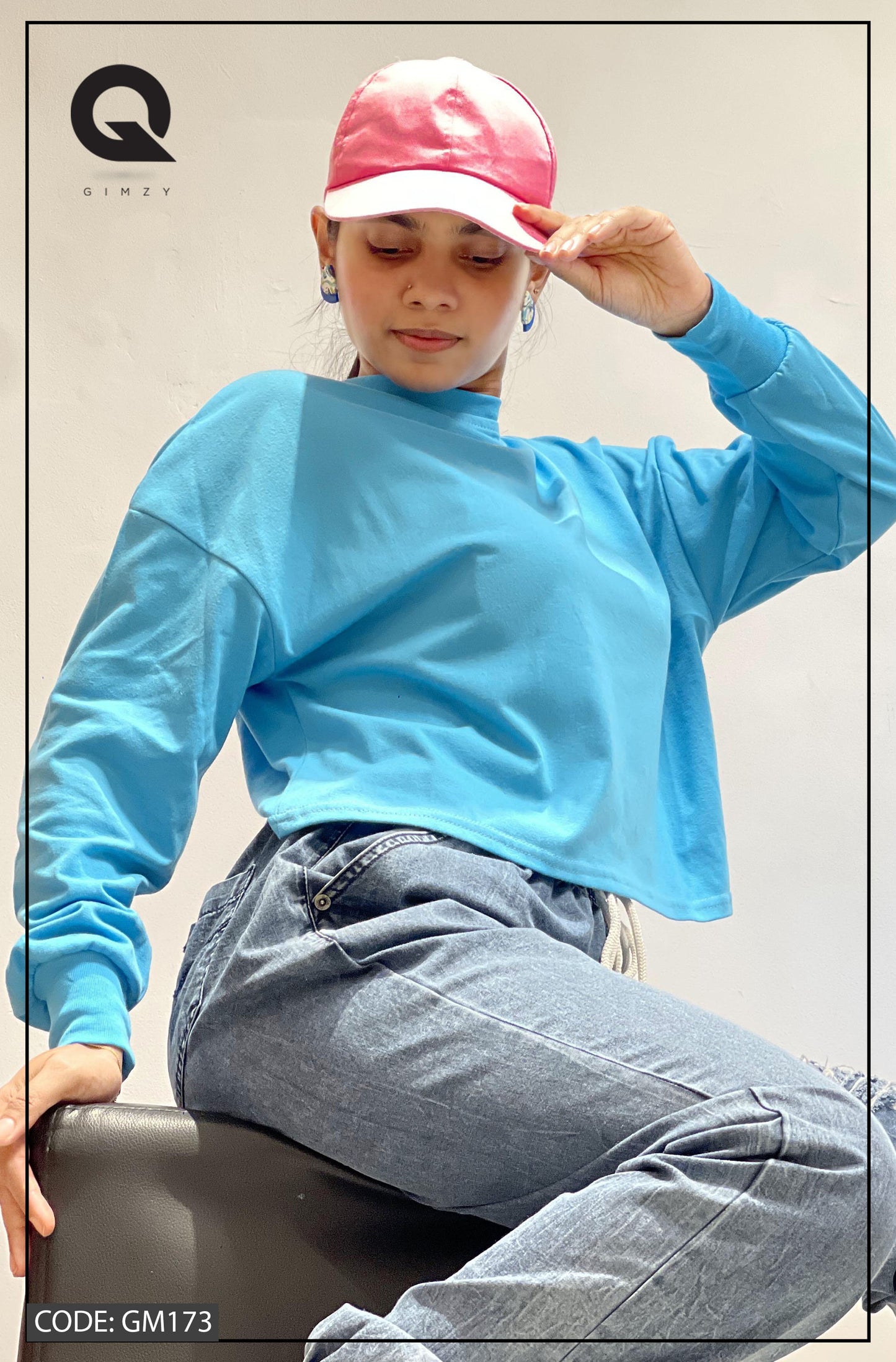 Drop Shoulder Oversized Long Sleeve Sky Blue Color Short T Shirt | GM173