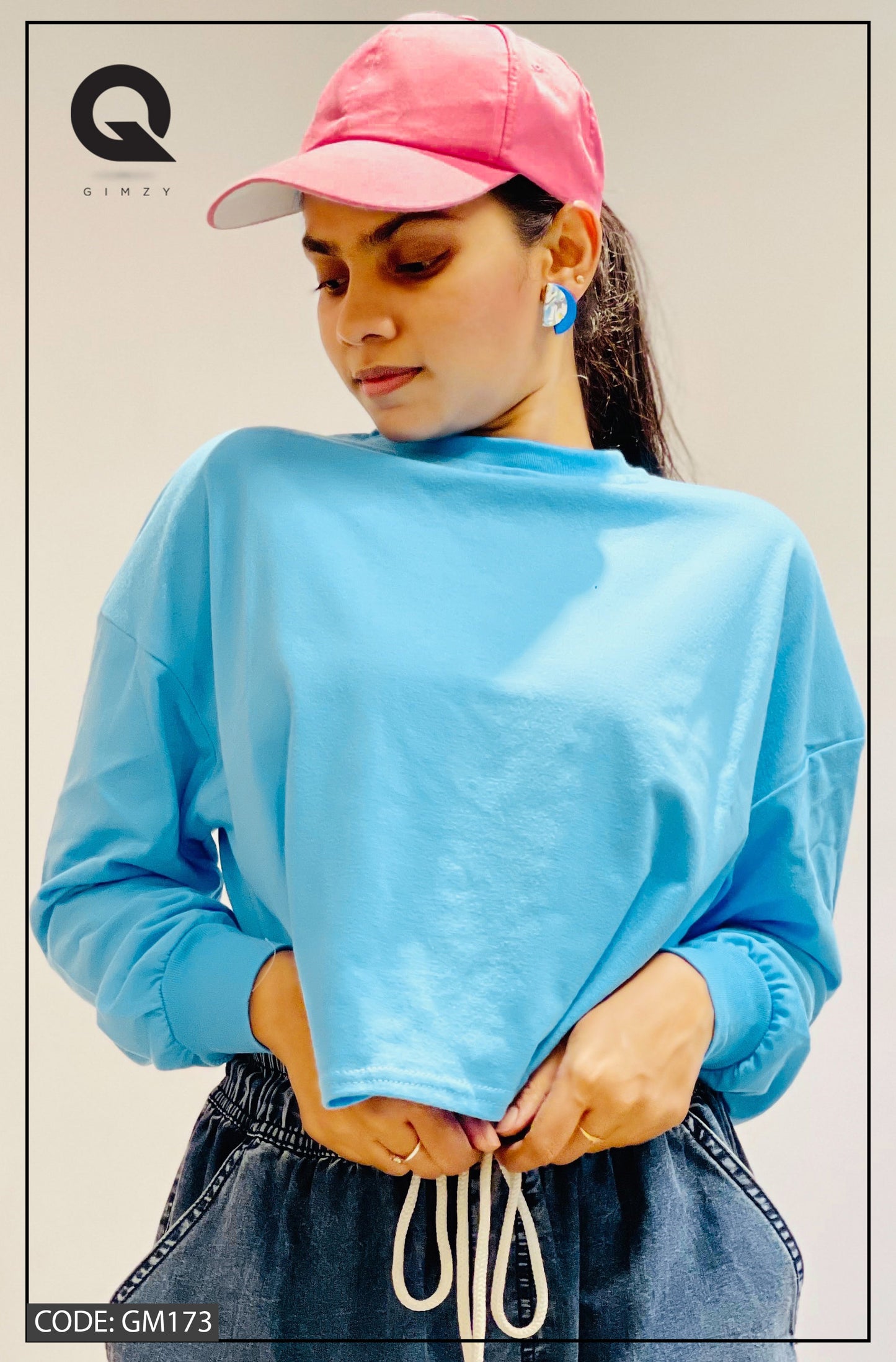 Drop Shoulder Oversized Long Sleeve Sky Blue Color Short T Shirt | GM173