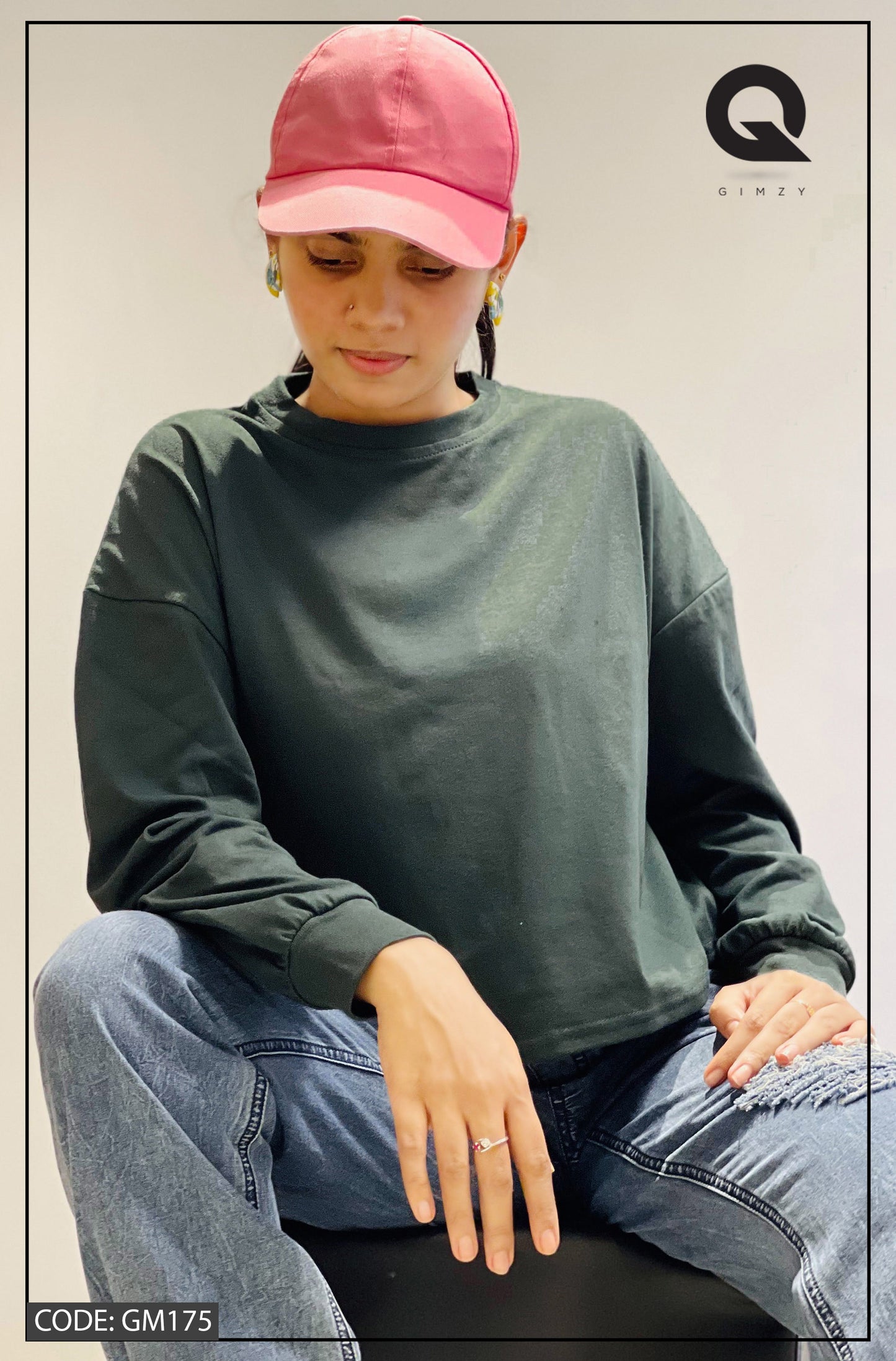 Drop Shoulder Oversized Long Sleeve Army Green Color Short T Shirt | GM175