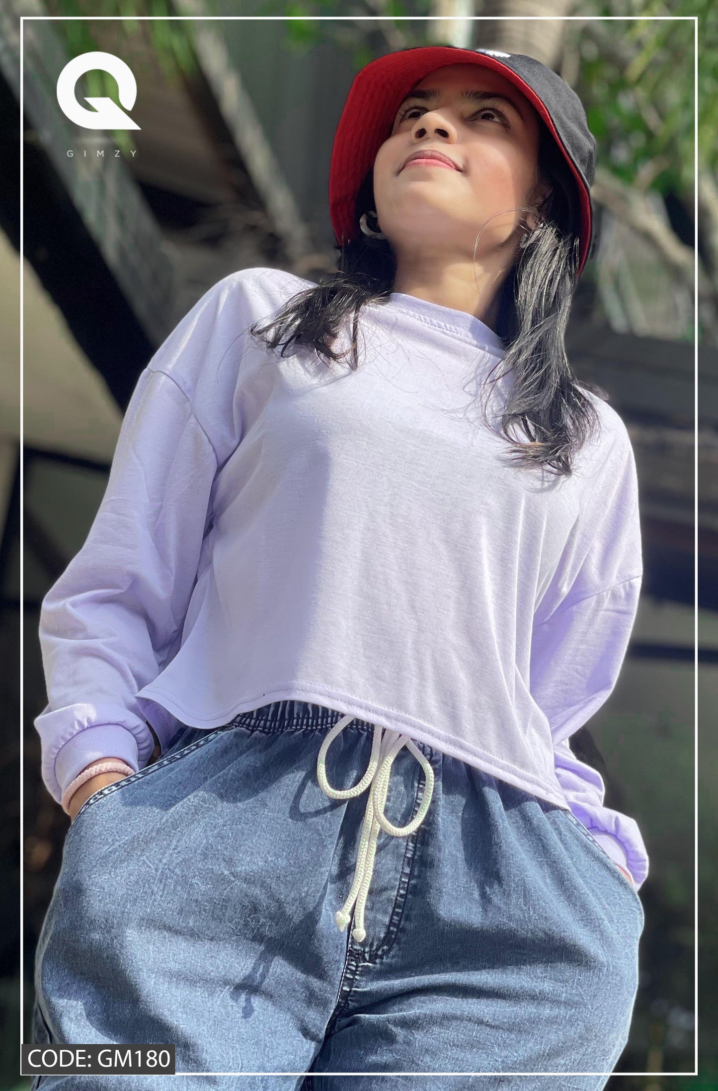 Drop Shoulder Oversized Long Sleeve Light Purple Color Short T Shirt | GM180