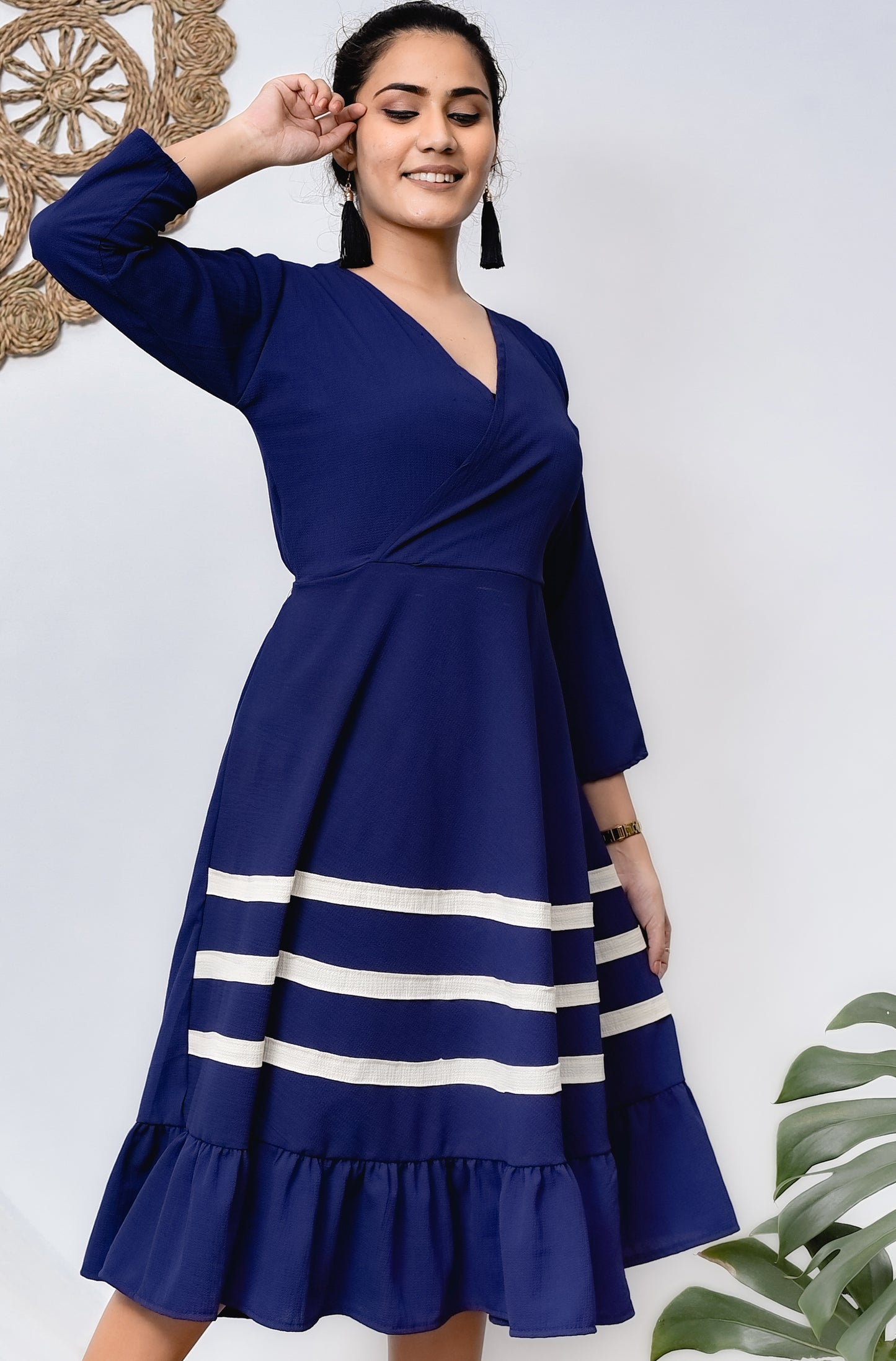 Navy Blue Color Cross Neck with Trippel Line Flared Skirt Dress