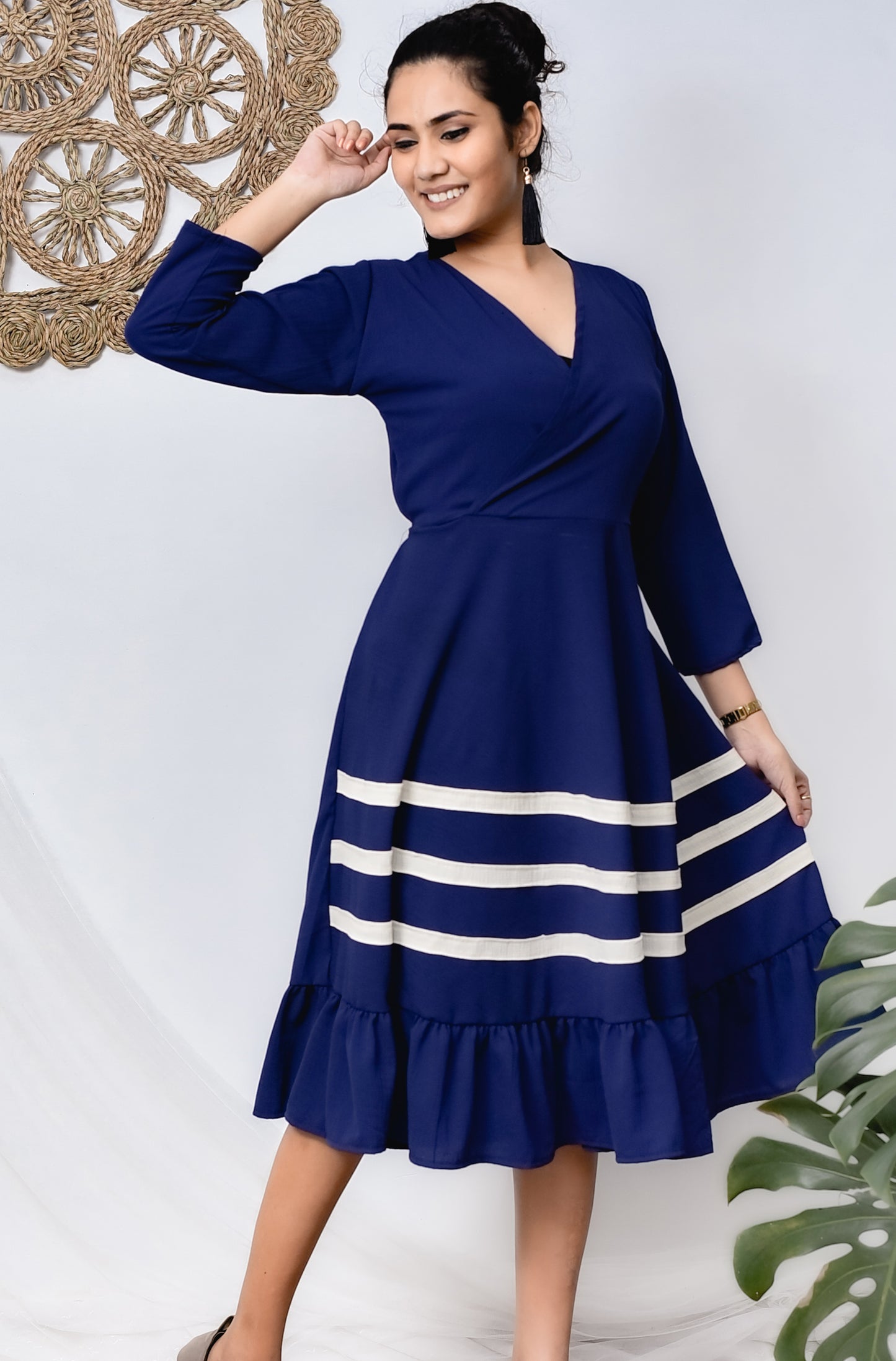 Navy Blue Color Cross Neck with Trippel Line Flared Skirt Dress