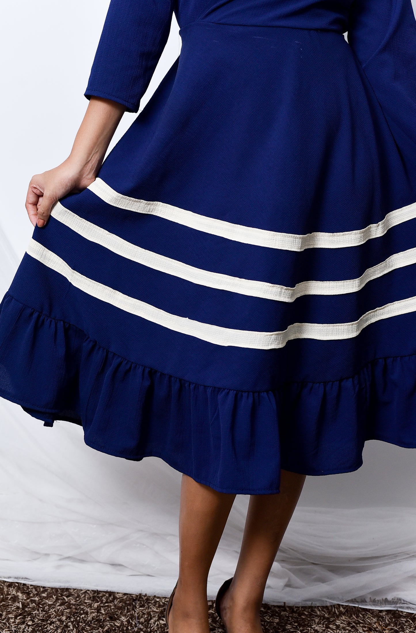 Navy Blue Color Cross Neck with Trippel Line Flared Skirt Dress