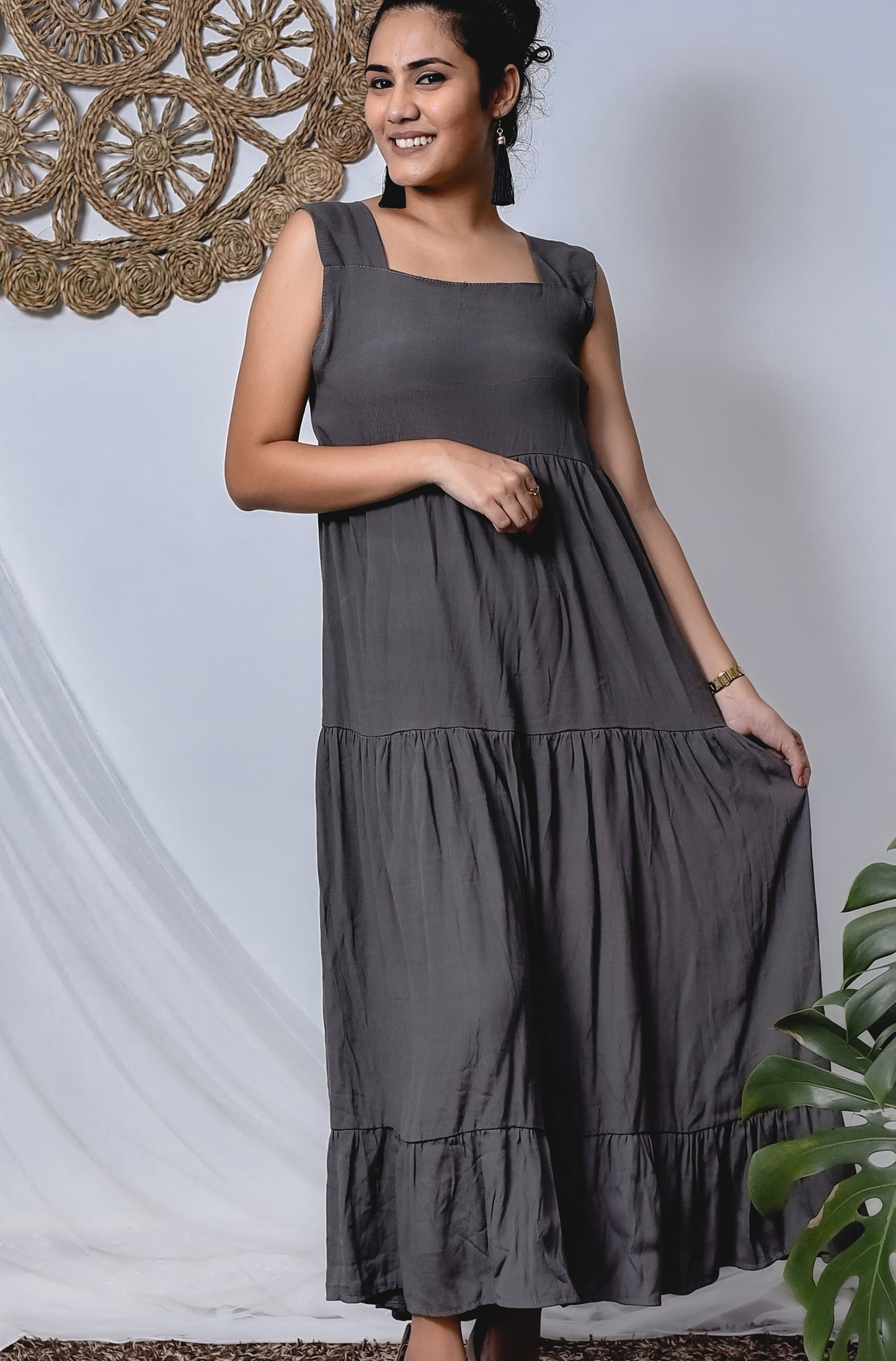 Dark Grey Color Tiered Maxi Dress
