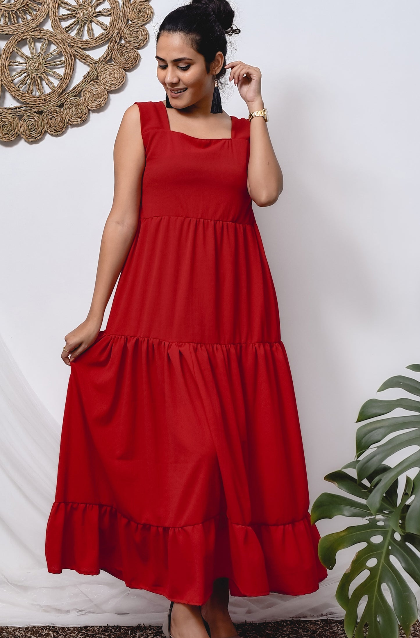 Red Color Tiered Maxi Dress