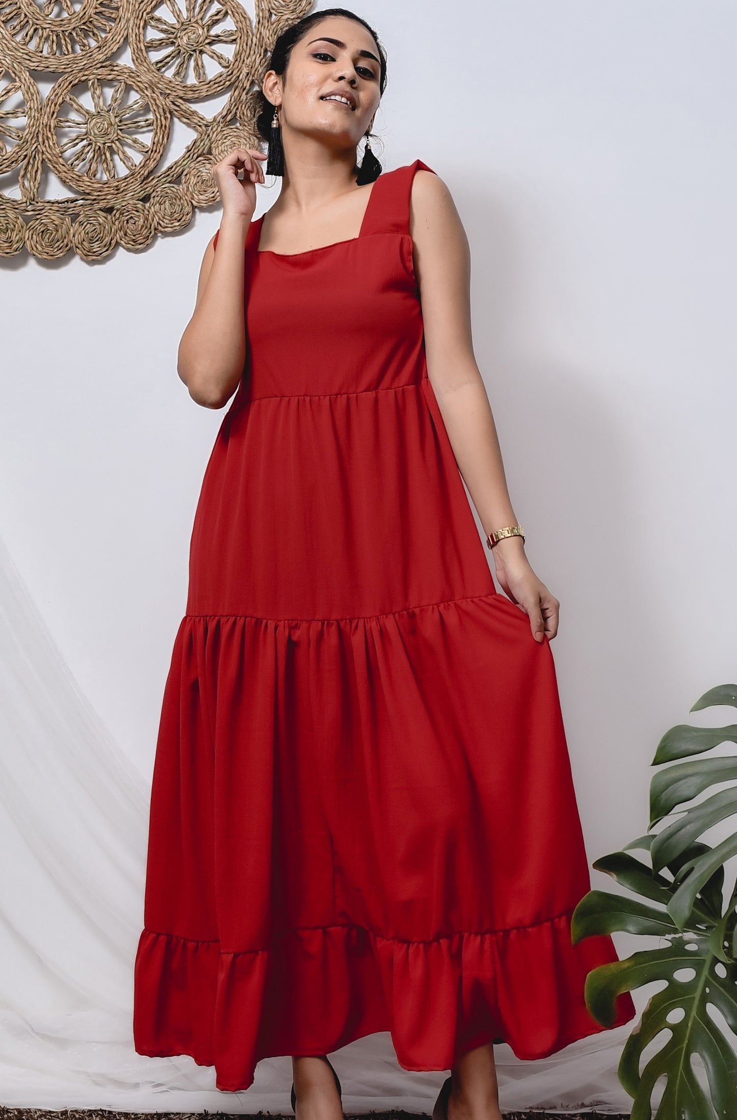 Red Color Tiered Maxi Dress