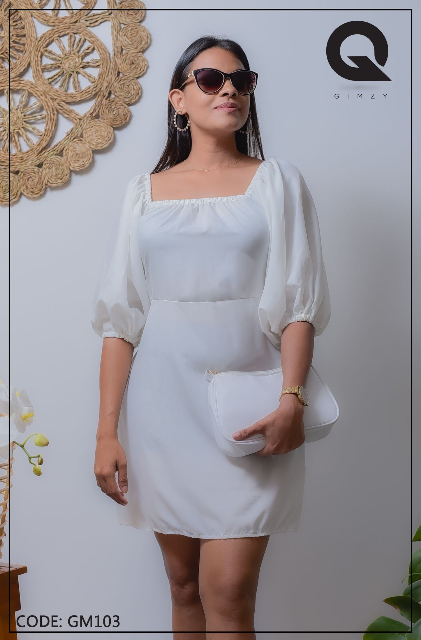White Color Puff Sleeve Short Dress | GM103