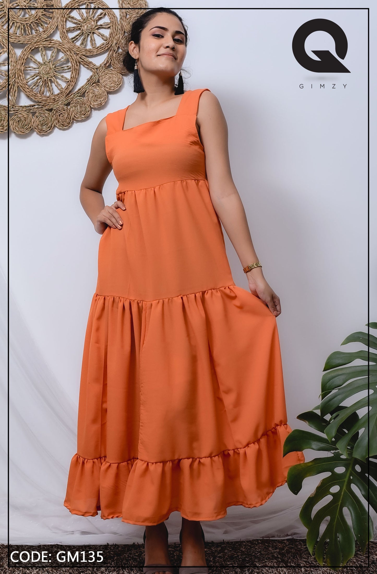 Orange Color Tiered Maxi Dress | GM135